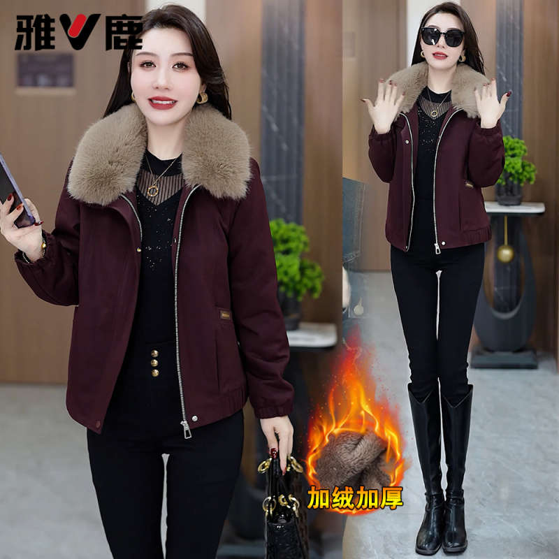 雅鹿加绒加厚时尚短外套女冬季新款显瘦大毛领夹克休闲上衣