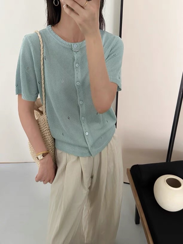 朱朱家 夏季薄款云朵亚麻镂空短袖开衫6626