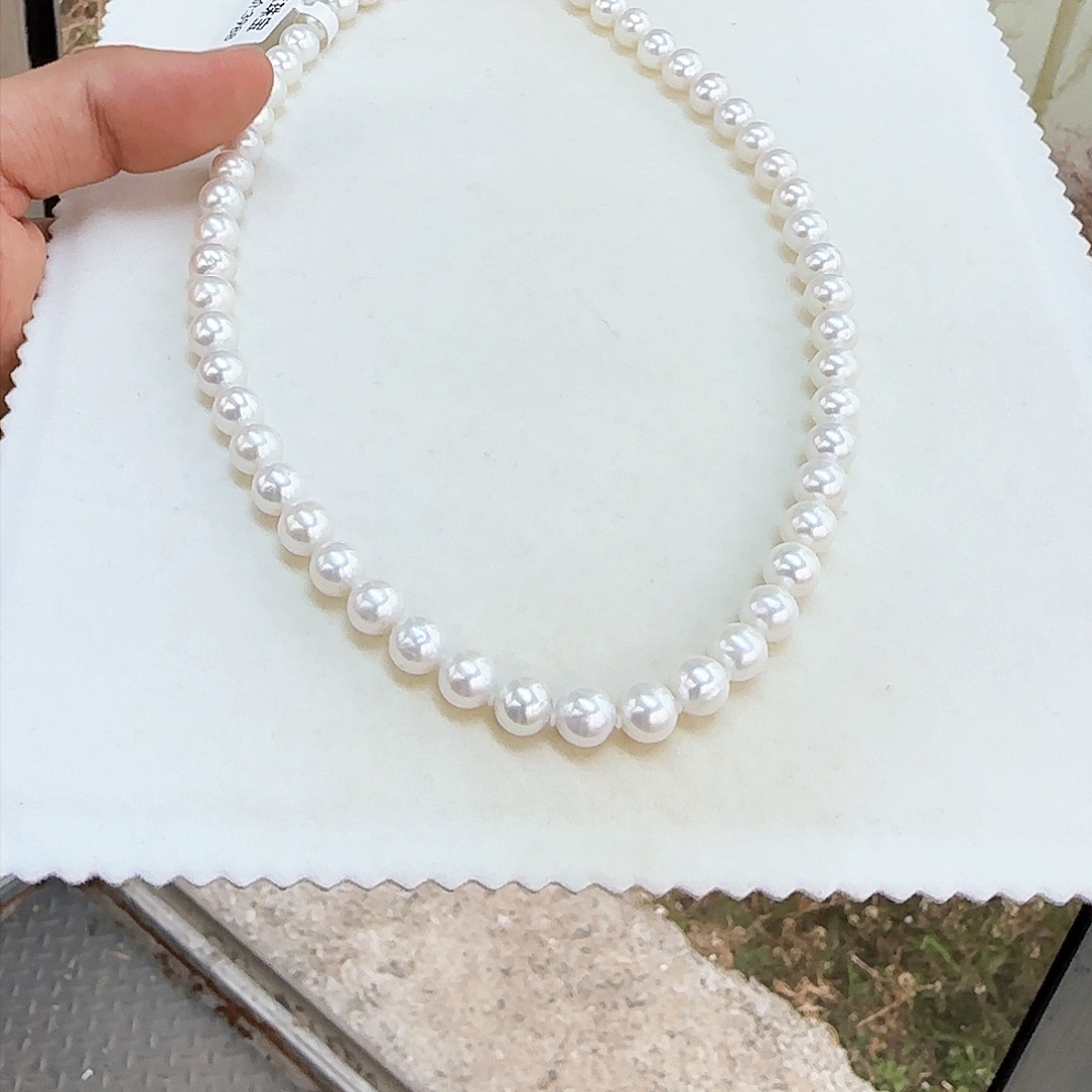 淡水珍珠颈饰银S925镶嵌7-8无核极光镜面正圆炫彩白亮