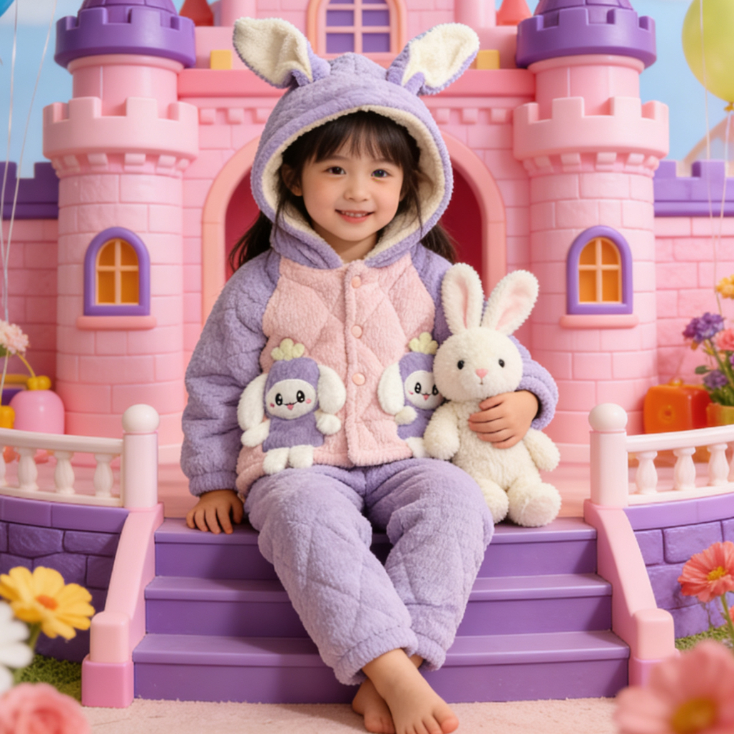 女童三层夹棉法兰绒冬季加绒加厚卡通连帽家居服睡衣套装保暖