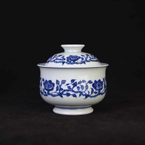 雯华堂 景德镇仿明青花缠枝山茶花布袋盖碗 盖下容量约110cc 