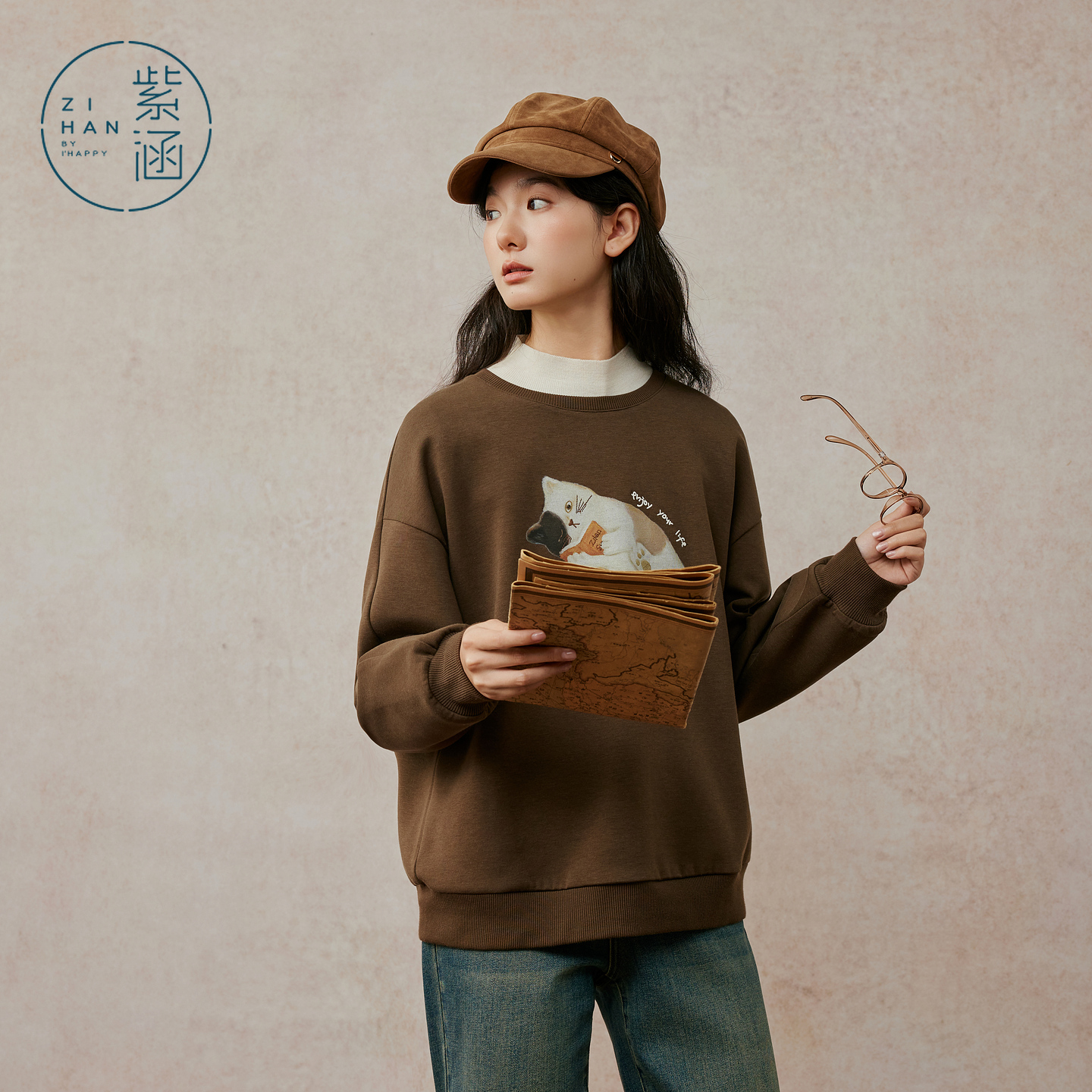 紫涵圆领套头卫衣女2025年冬季新款猫咪印花宽松加绒保暖休闲上衣