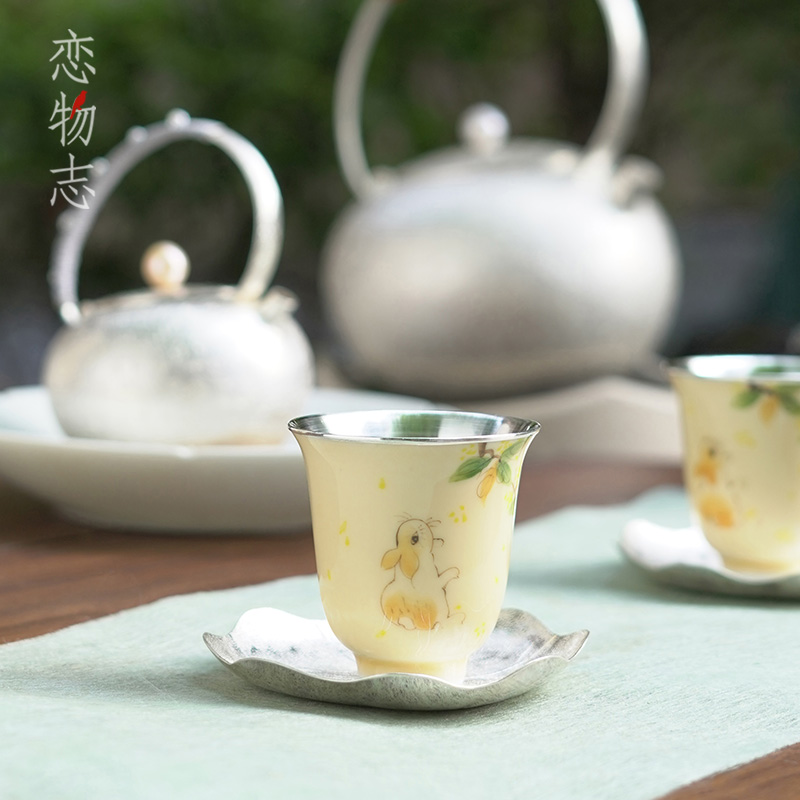 足银999纯手工包银杯手绘品茗杯家用主人杯功夫茶具茶器茶杯 玉兔