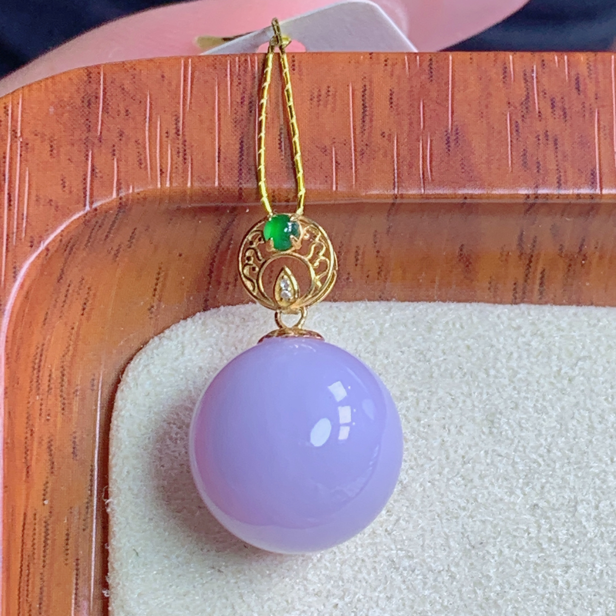 天然缅甸A货翡翠玉石18k金镶浓紫罗兰圆珠锁骨吊坠j珠径卡12+mm