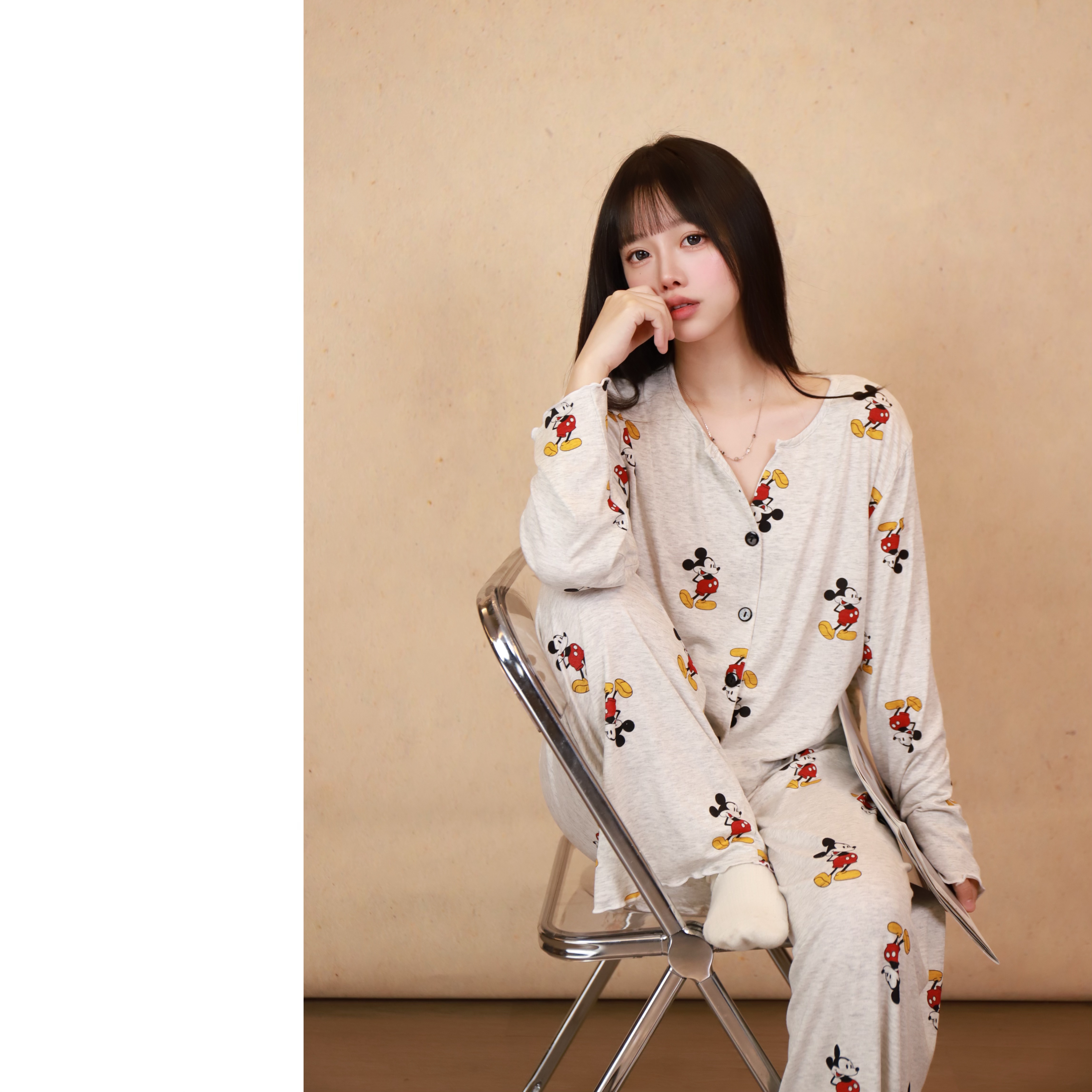 M0909米奇卡通睡衣女长袖2025春秋季碎花甜美可爱宽松家居服套装