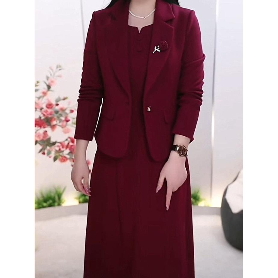 高级雅格精纺连衣裙两件套女秋冬2025新款喜婆婆婚宴装礼服裙套装