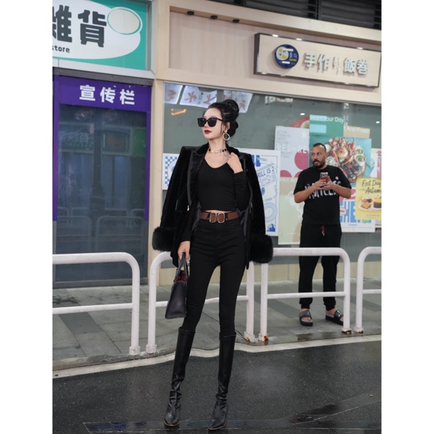 【茹哥】新款黑色修身显瘦小脚裤提臀百搭牛仔长裤9992-1送腰带
