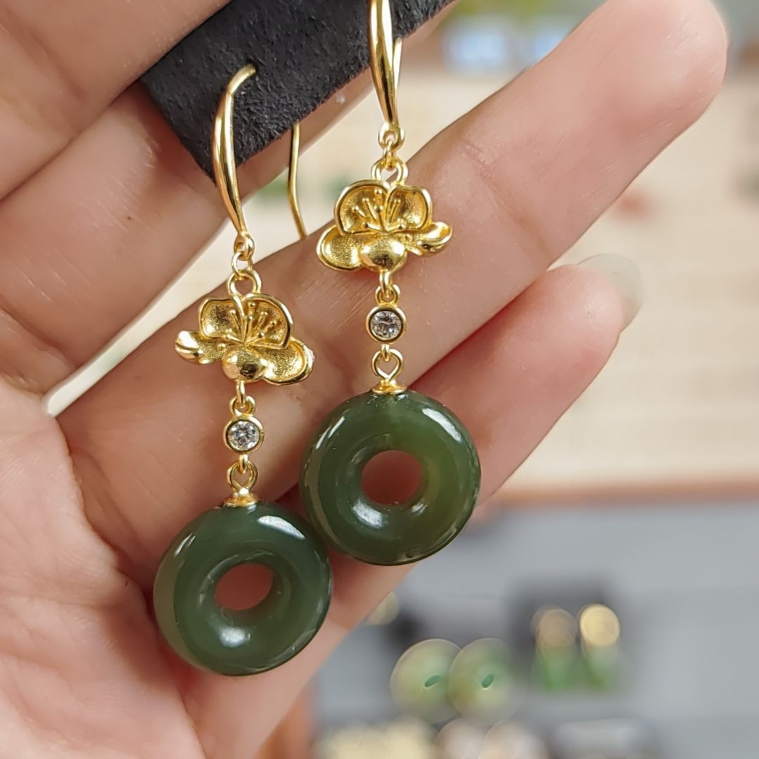 和田玉银S925镀金镶嵌耳饰耳饰