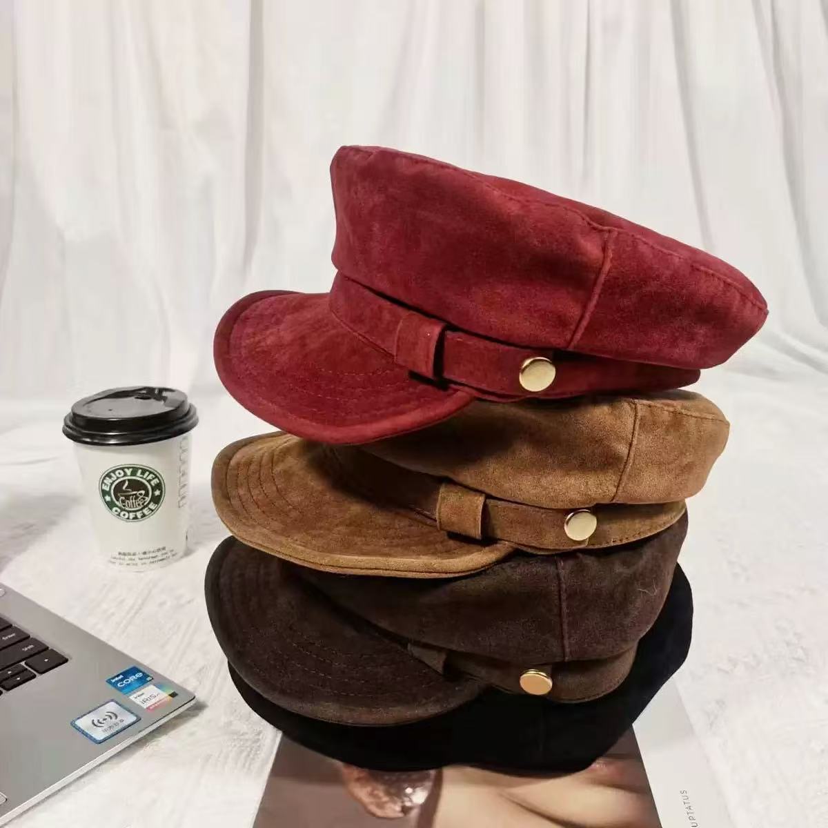 秋冬新款复古英伦风报童帽女高级感麂皮绒八角帽显脸小时髦画家帽