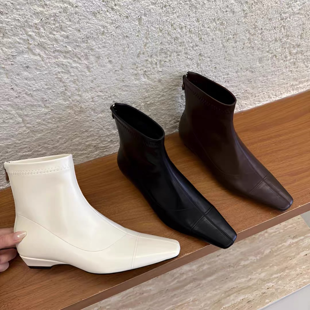 法式气质方头猫跟弹力瘦瘦靴女秋冬外穿时尚百搭小众设计感短筒靴