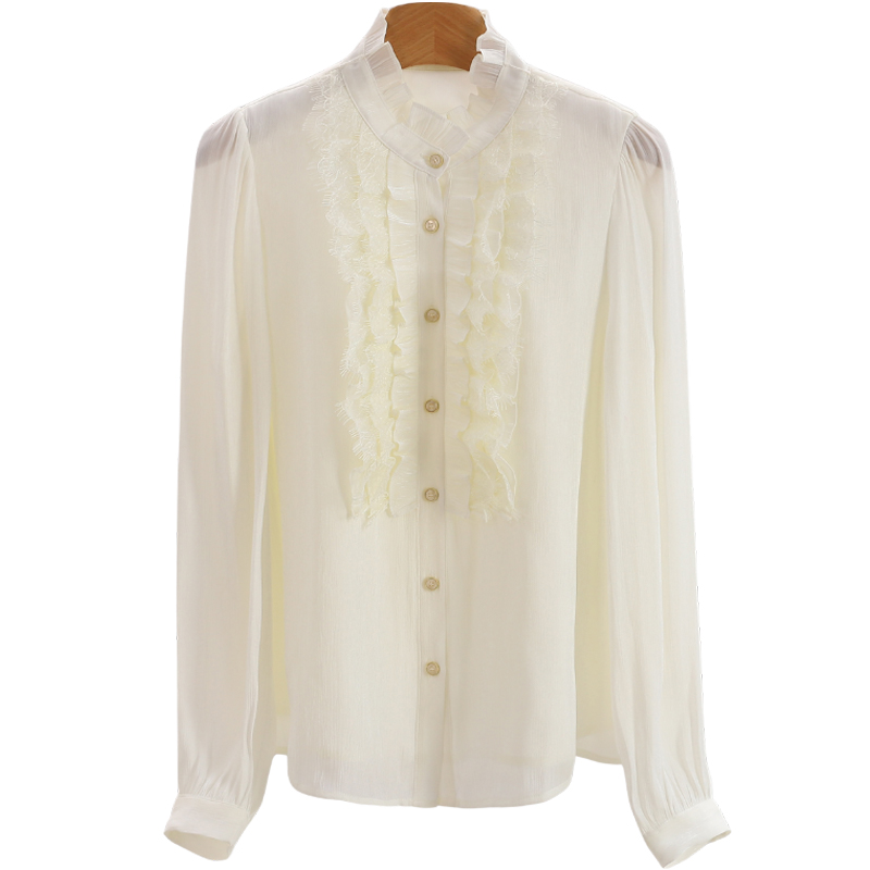 F7855-【M】无黑色飘带配饰！蕾丝木耳边立领雪纺衬衫#XMF58S024D