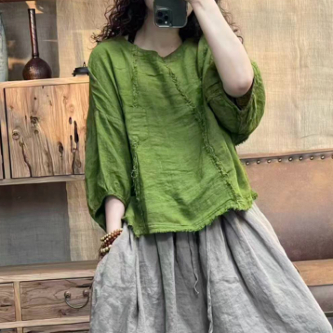 亚麻炒色做旧毛边休闲圆领女装上衣(长57胸围126)