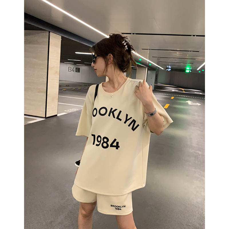 清仓 空气感印花短裤女夏季宽松显瘦运动休闲短裤灰色抽绳五分裤