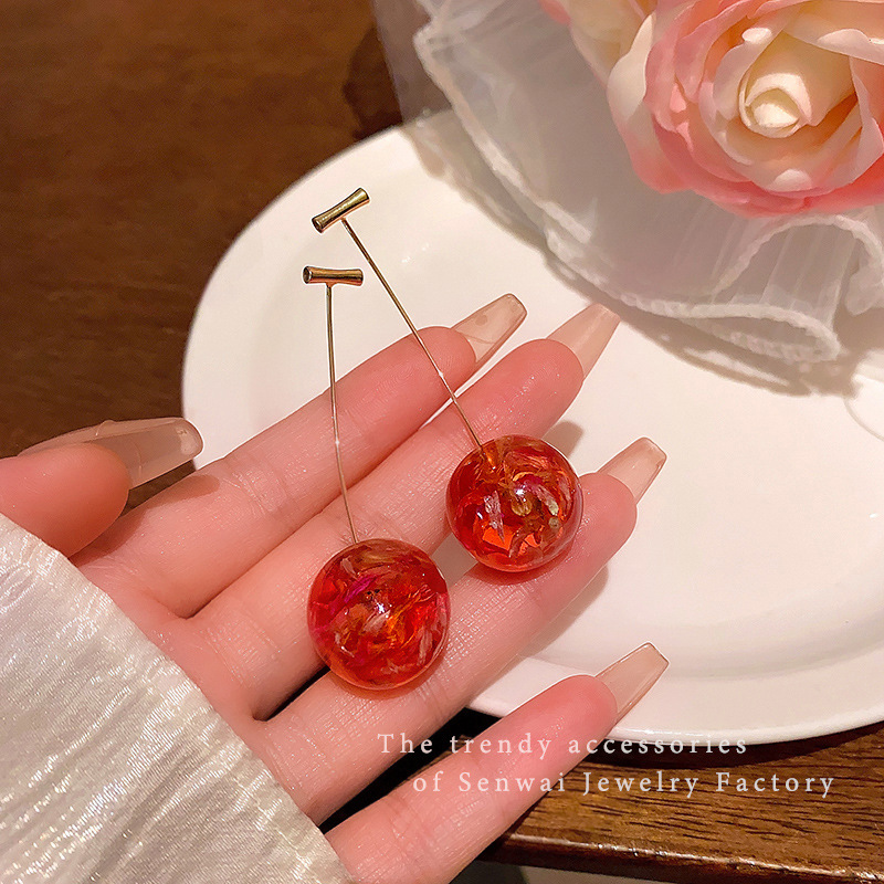 铜合金亚克力耳饰 925银针ins风甜美气质车厘子耳坠高级爆款水果