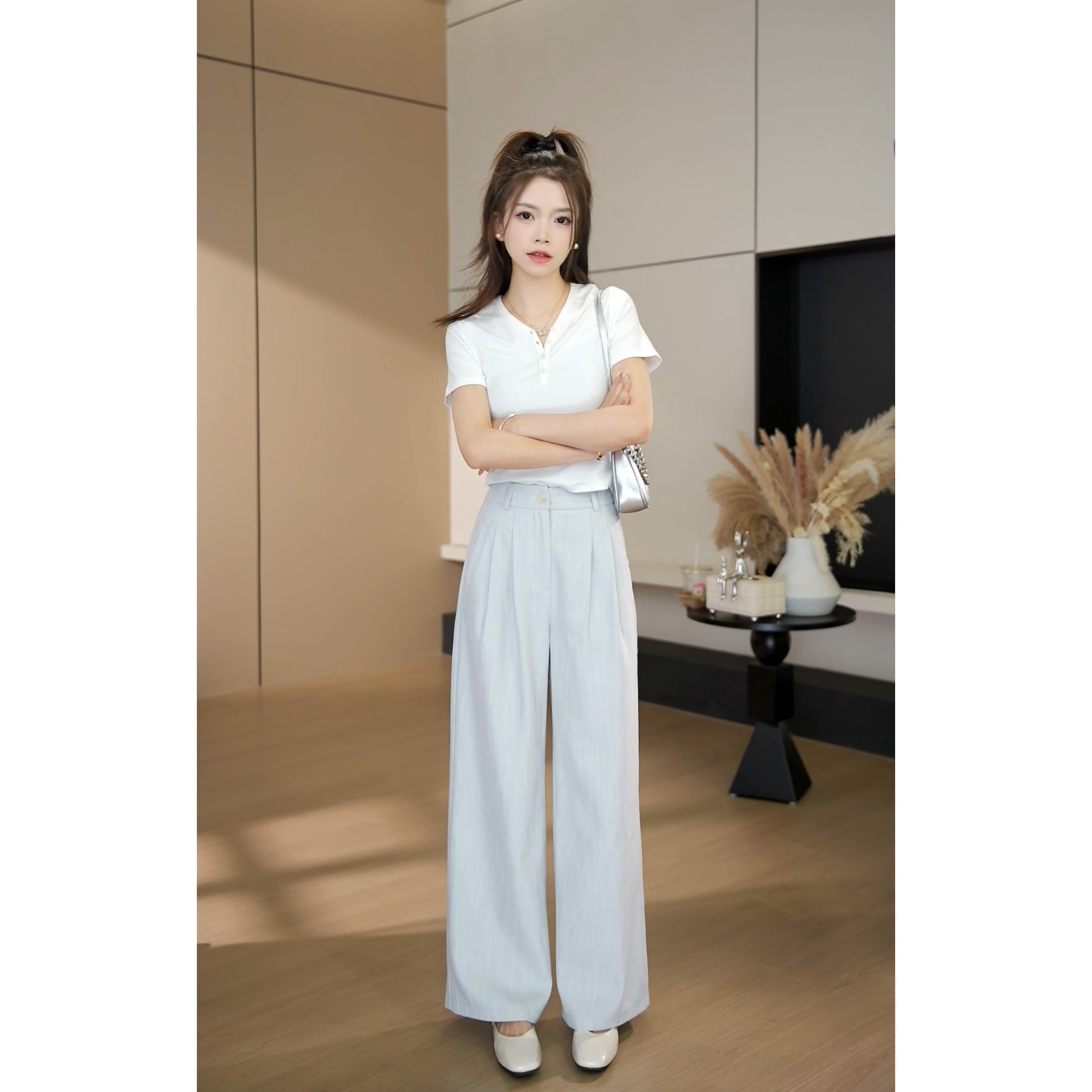 【小个子】春季显瘦高腰休闲百搭宽松垂感休闲裤-2056