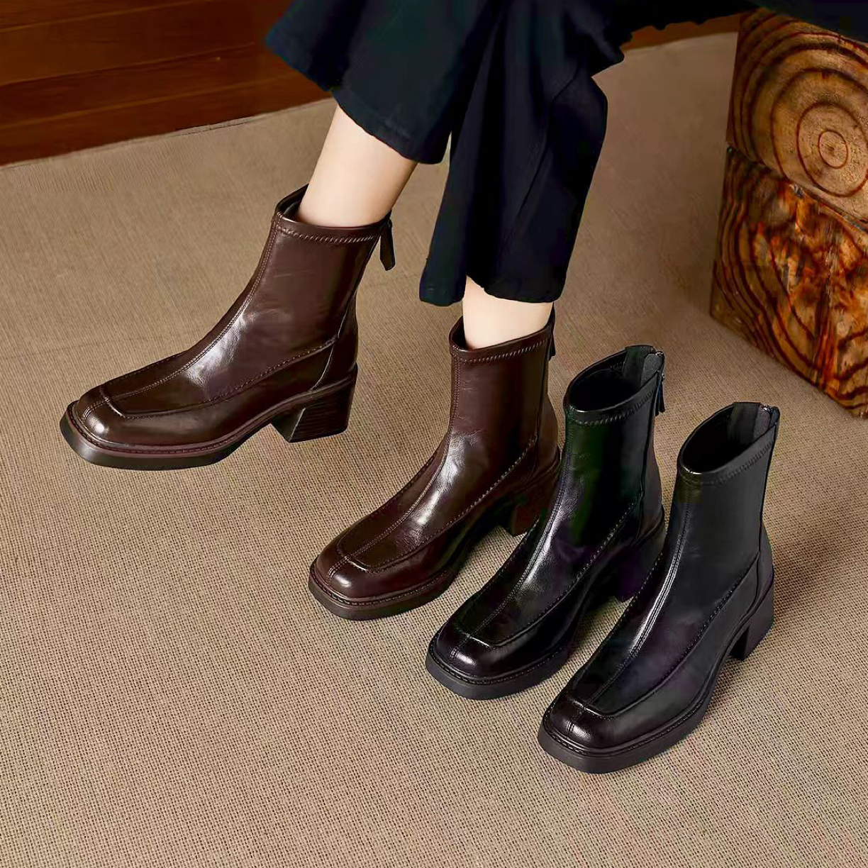 【运费补贴】羊皮短靴2025秋冬百搭英伦风厚底防水台马丁靴(编码)