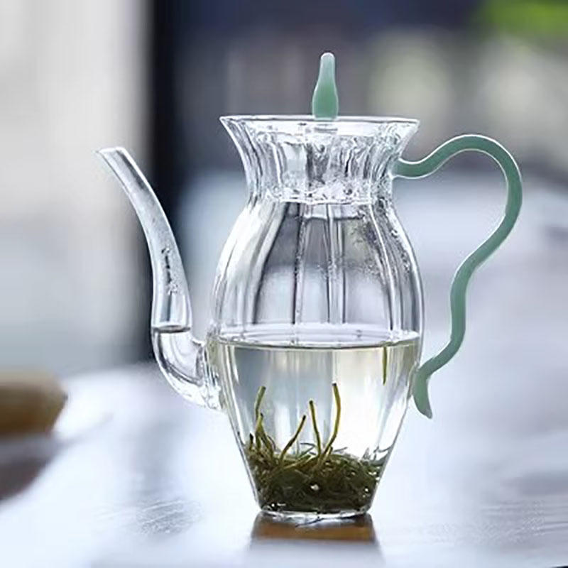 复古高硼硅玻璃水仙壶透明批发玻璃绿茶壶彩色把手高颜值泡茶器