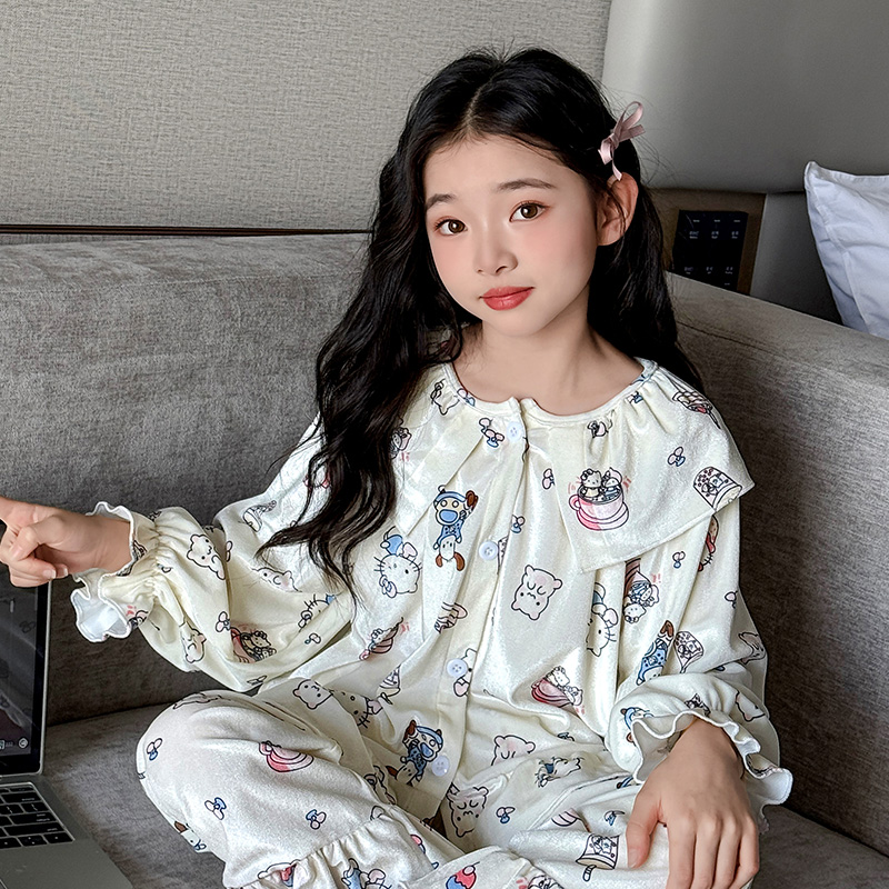 儿童秋款睡衣女童薄款套装中大童家居服春秋金丝绒两件套装空调服