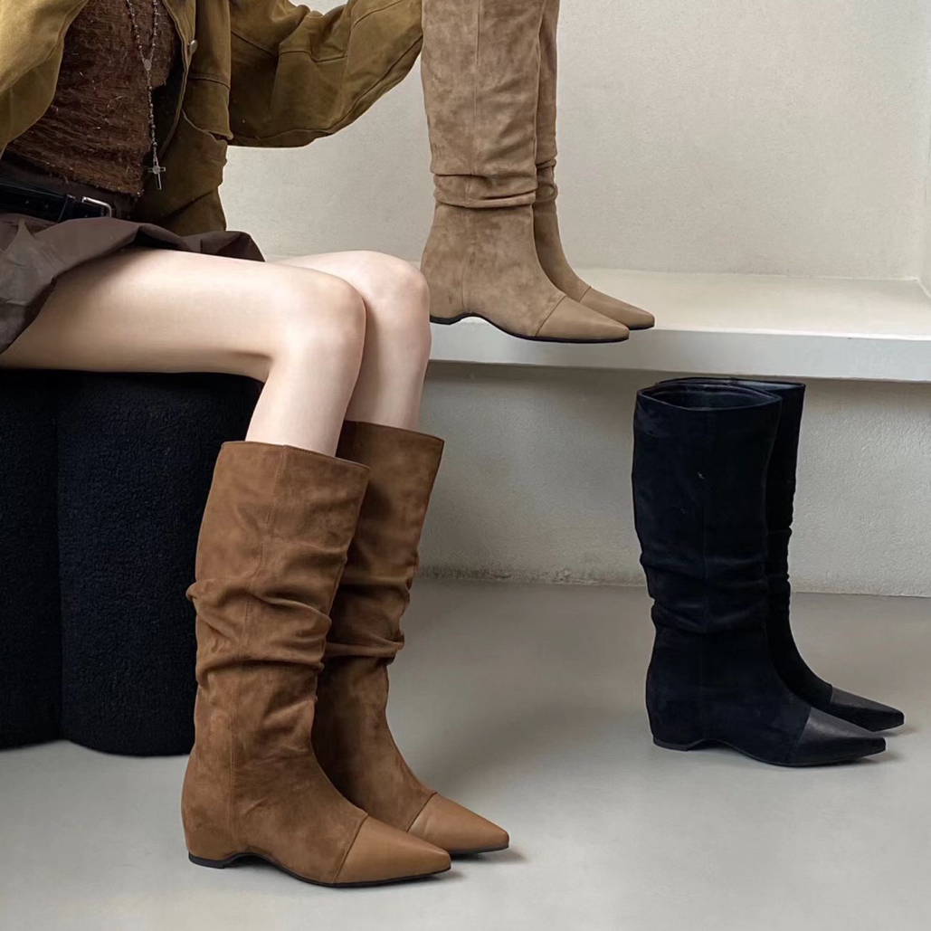 903-3长靴褶皱靴牛仔时装靴粗跟气质女鞋中筒长筒高筒靴