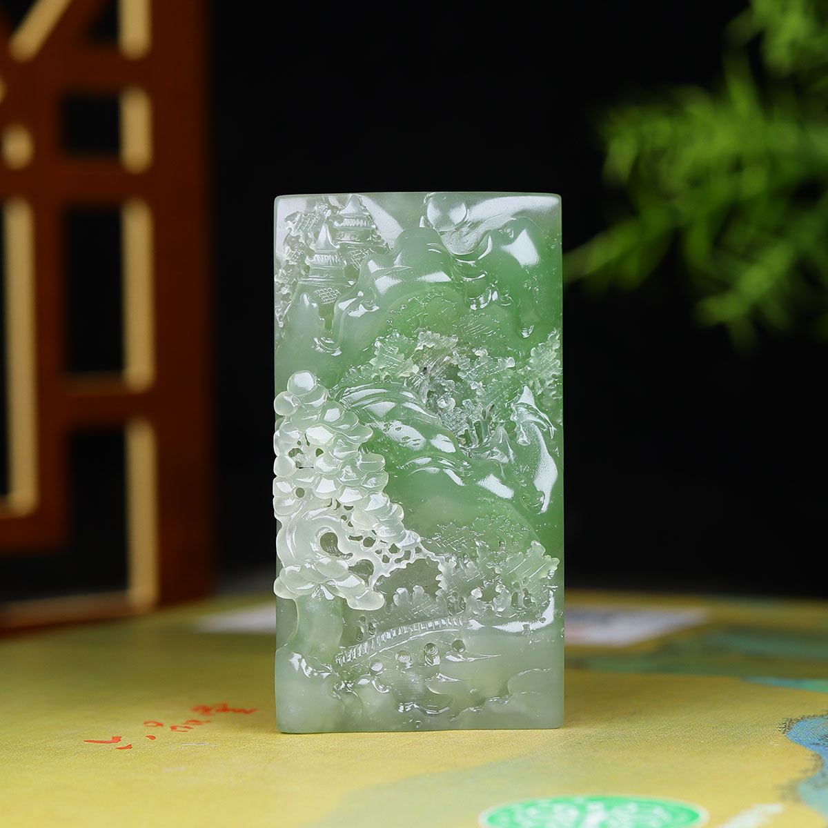 120813和田玉翠青山水把件牌