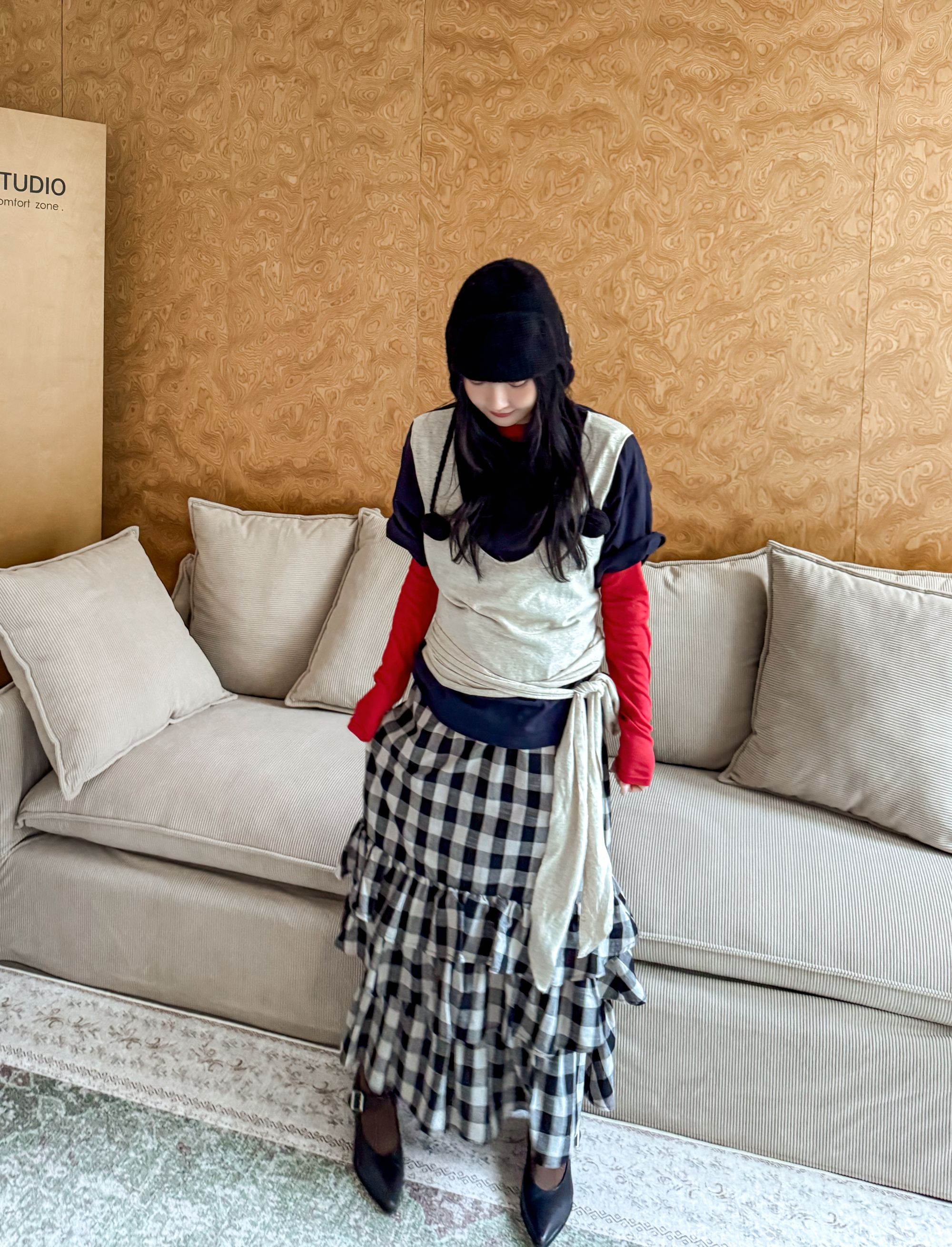 ANNAMOOER · 设计师品牌黑白格子蛋糕长裙 AM81Q01/1079Q