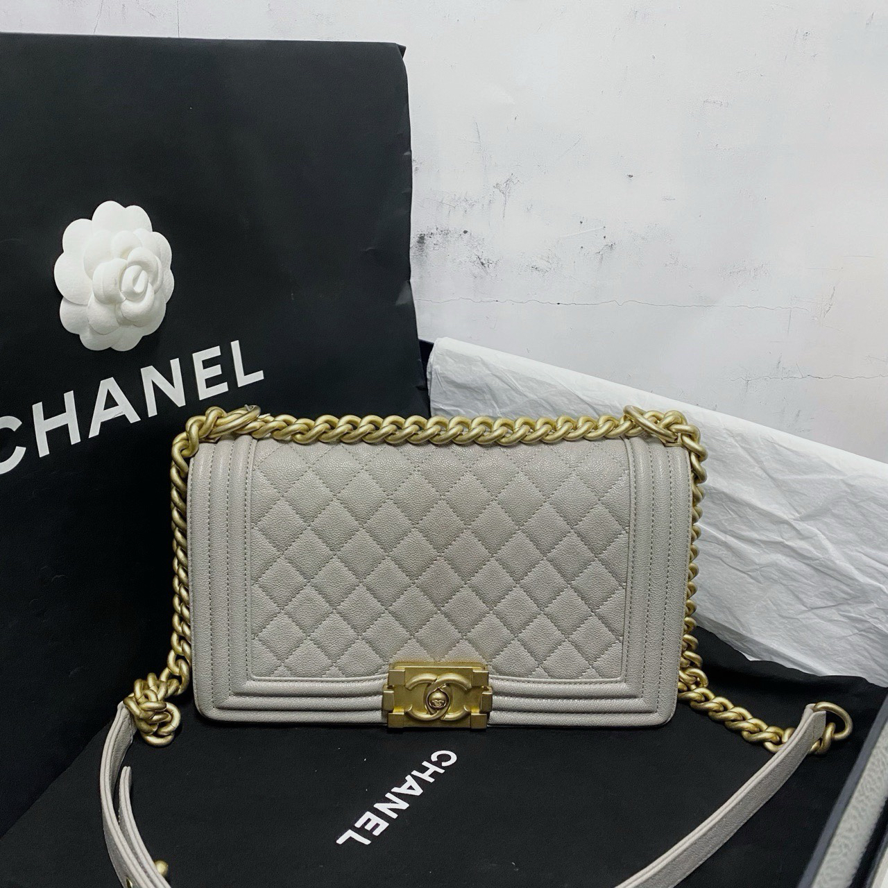 99新 Chanel/香奈儿 香奈儿leboy 中号菱格灰色牛皮 金扣27开