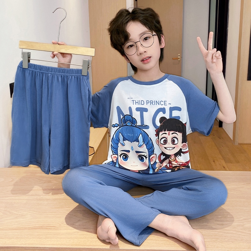 儿童睡衣男童夏季莫代尔三件套装小男孩中大童卡通宝宝家居服