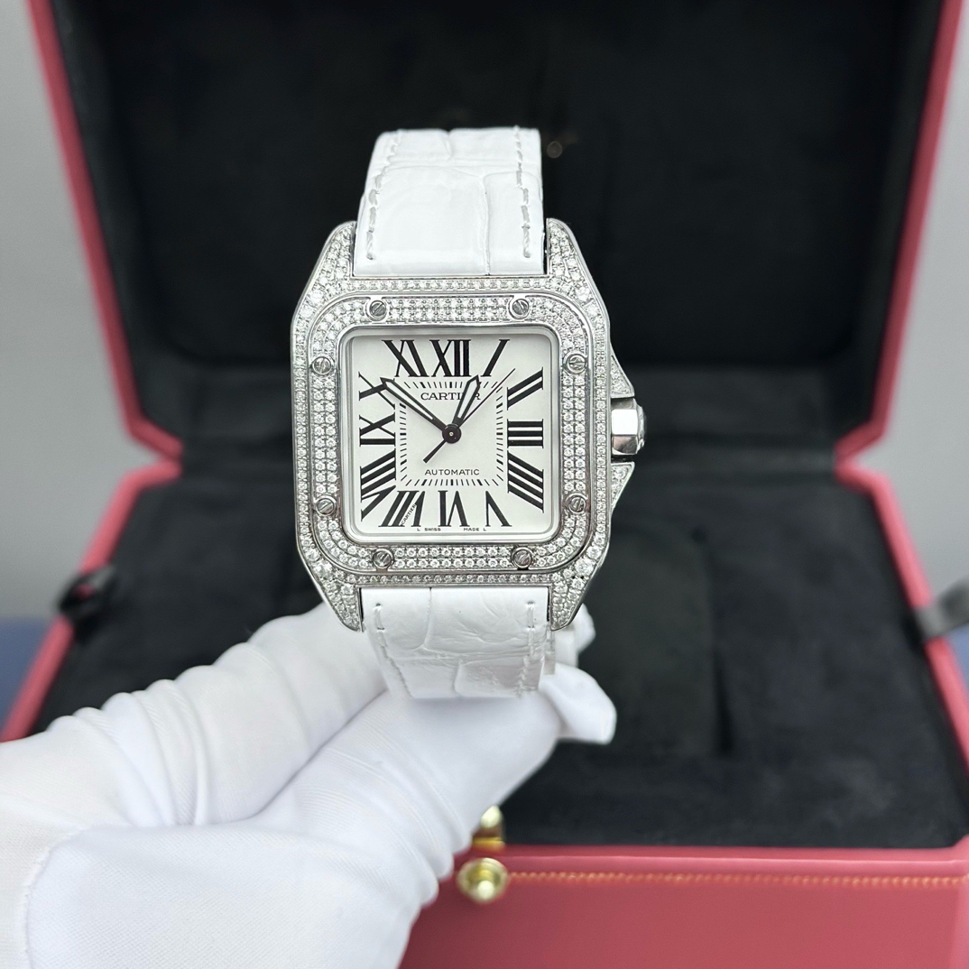 99新 Cartier/卡地亚 W20106X8山度士中号精钢后钻银盘皮带