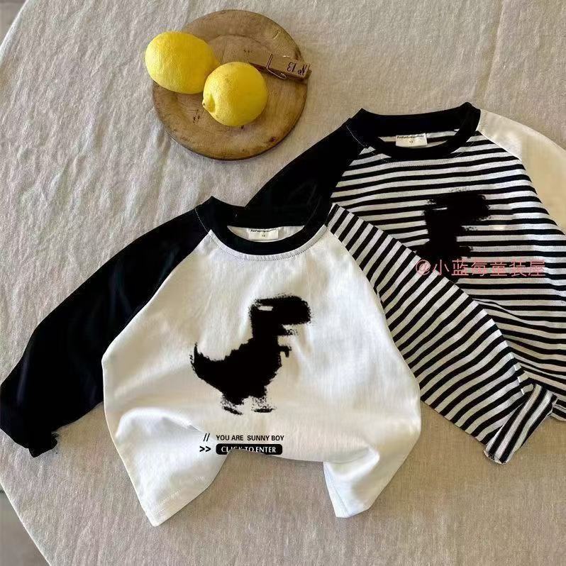 儿童恐龙长袖T恤2025春秋男女童卡通条纹打底衫宝宝春季休闲上衣