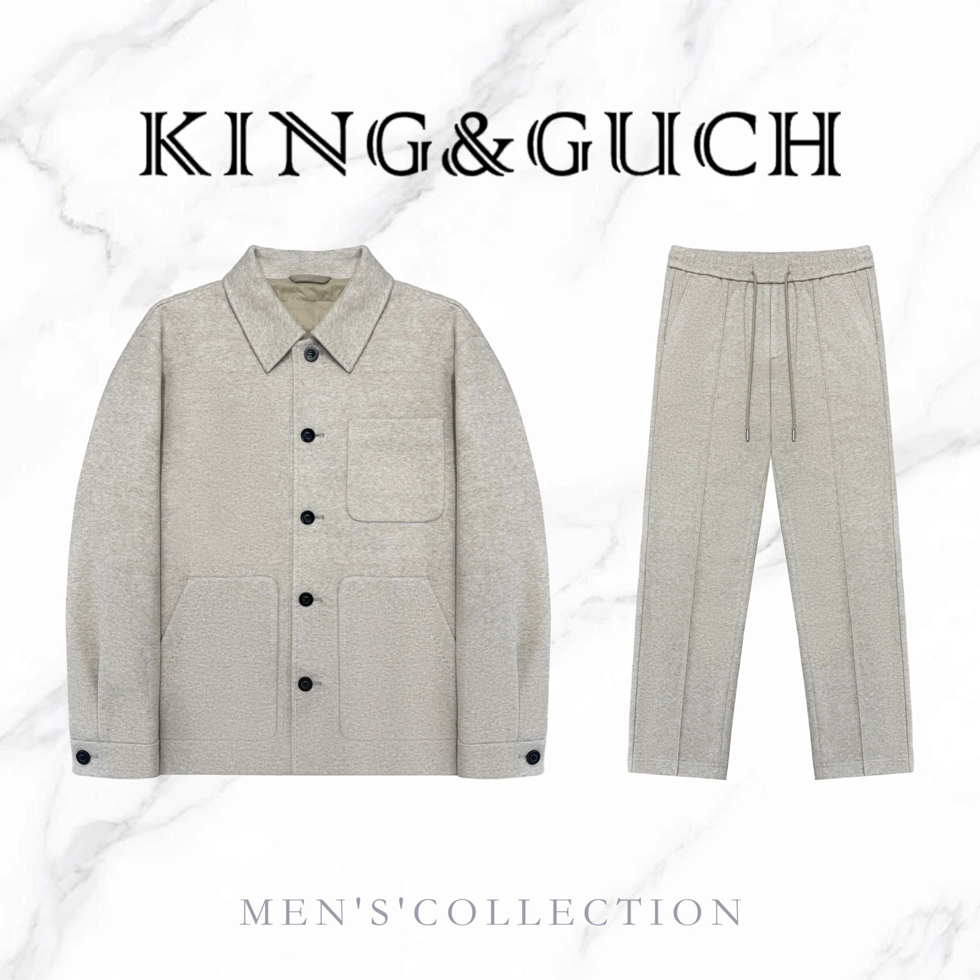 KING&GUCH【羊毛+白鹅绒】冬季新款男士羊毛天丝桑蚕丝老钱套装8008