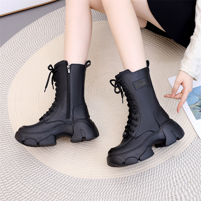 真皮厚底马丁靴女2025年秋冬新款时尚加绒靴子平跟轻便小个子棉靴