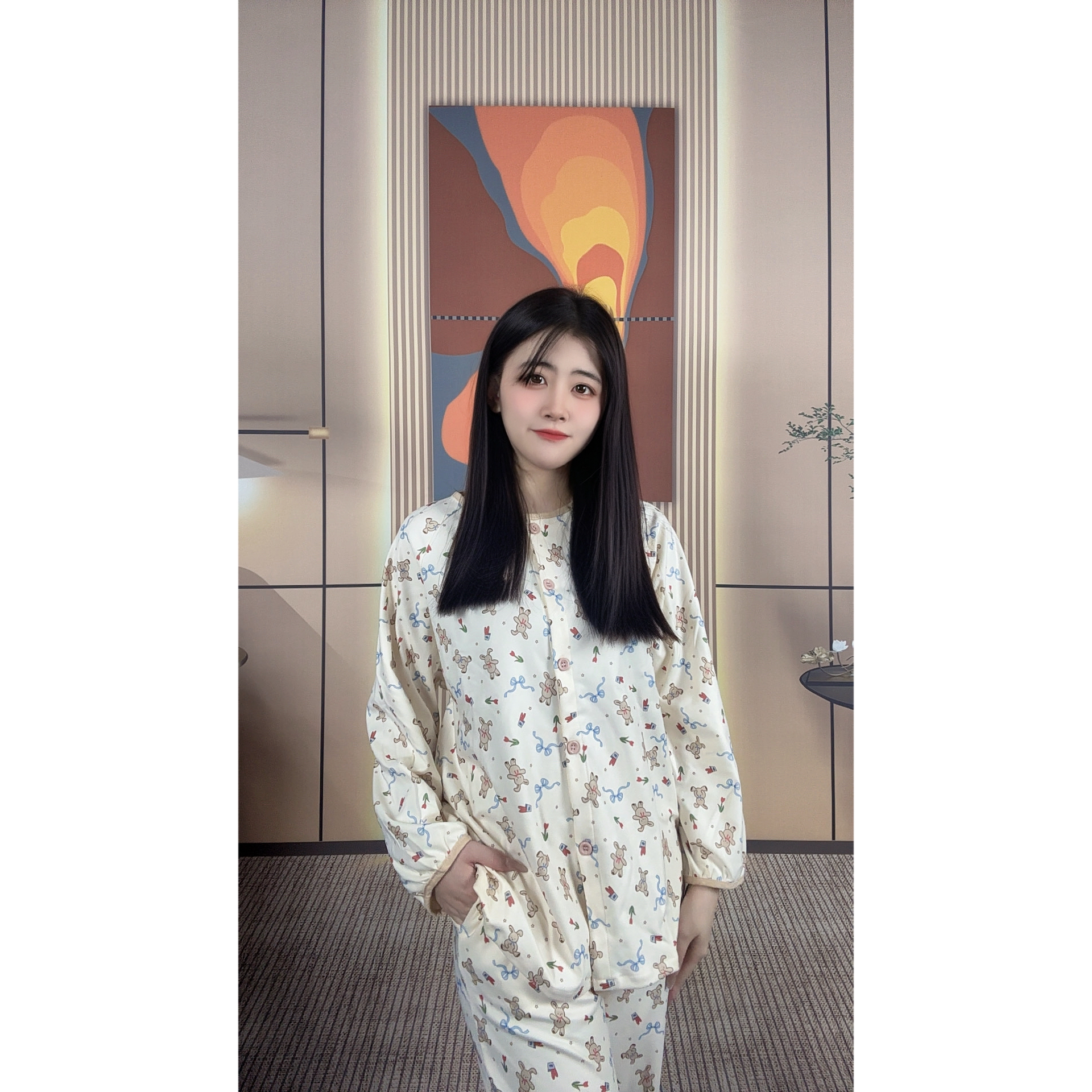 保暖德绒秋冬加厚开衫长袖长裤小众宽松可外穿家居服可爱