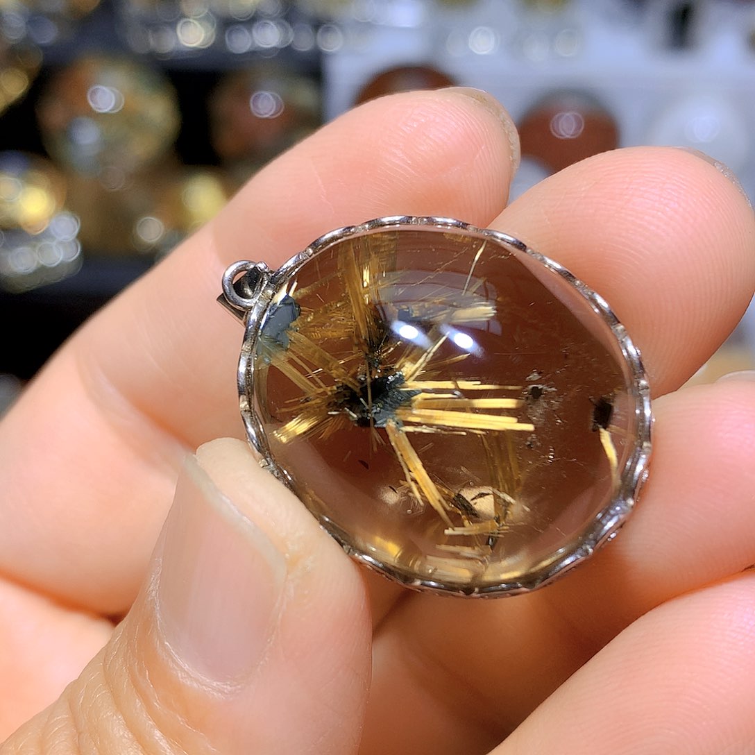 水晶吊坠银S925镀金镶嵌天然水晶