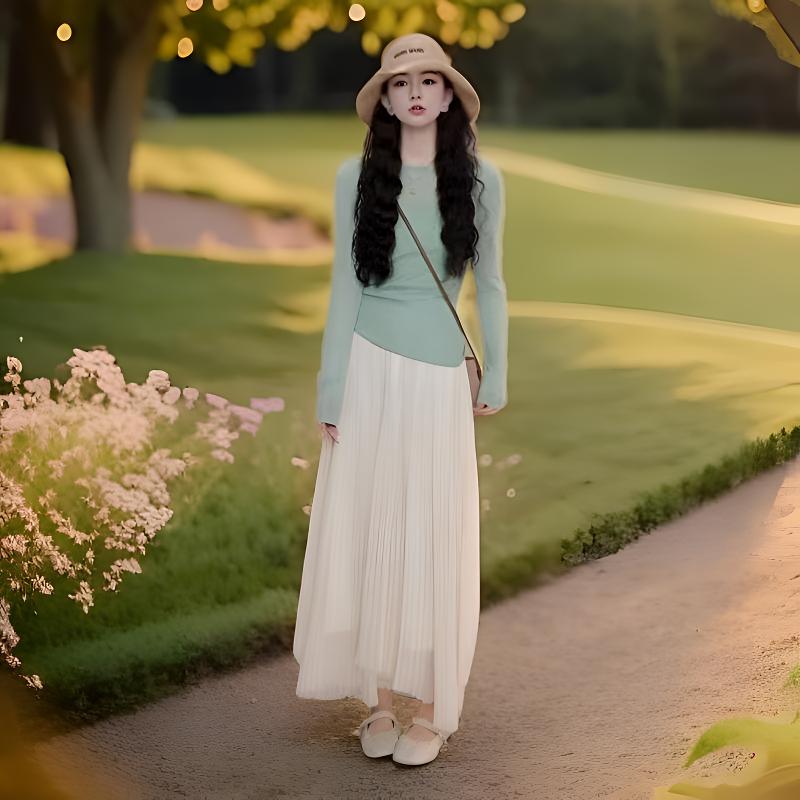 高级感女装春夏防晒罩衫长袖针织上衣百搭褶皱半身裙皮裙半身裙