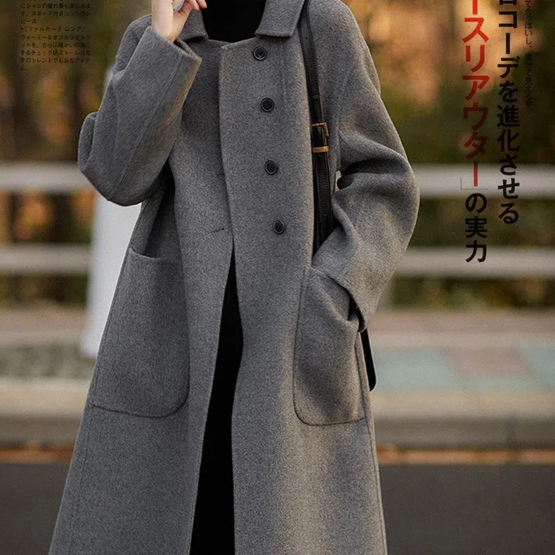 韩版气质双面羊毛大衣女秋冬新款宽松中长款毛呢外套