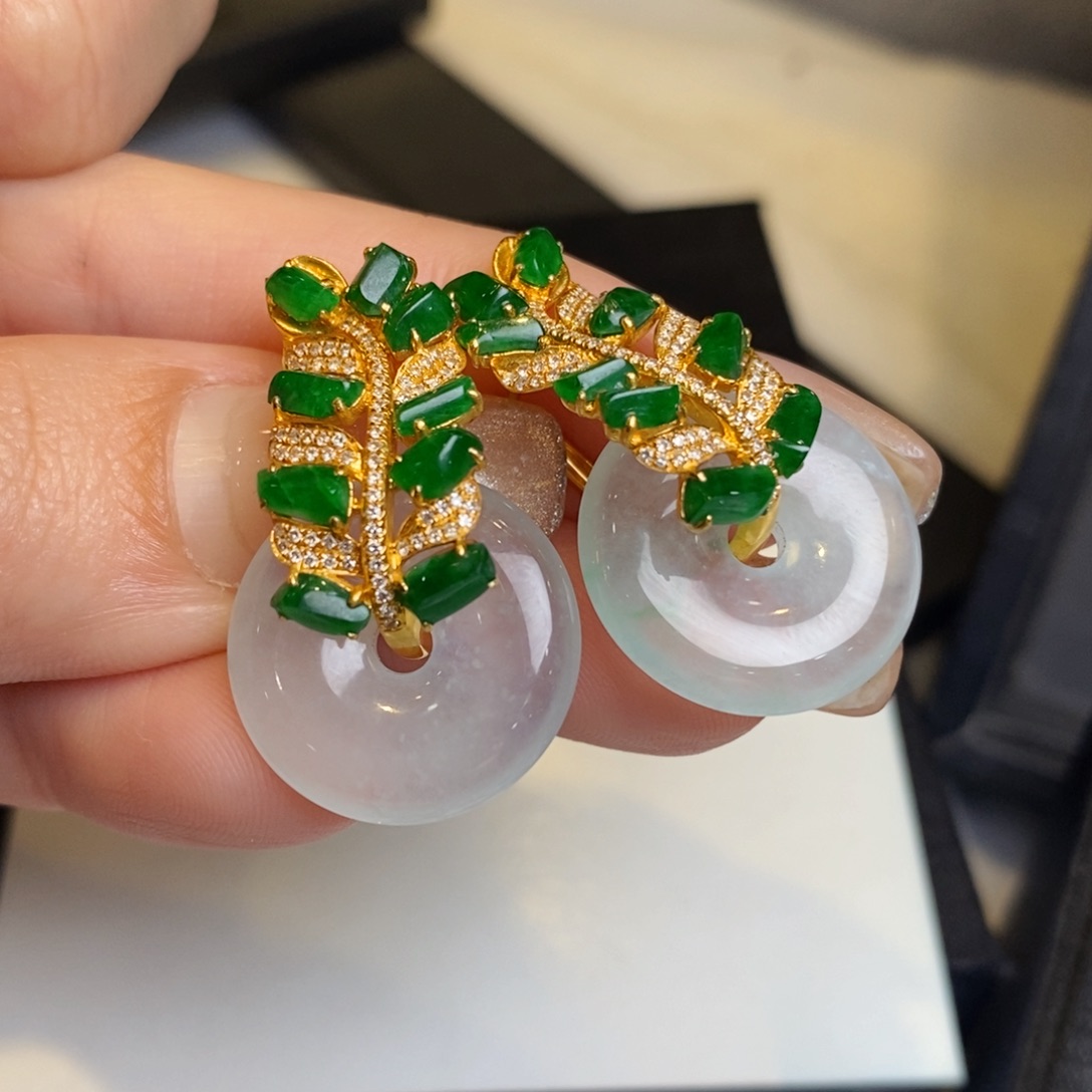 翡翠耳饰18K金镶嵌随形麦穗耳扣➕平安扣