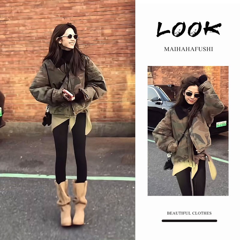 冬季新款棉服外套复古迷彩翻领短款宽松派克服洋气减龄夹克外套潮