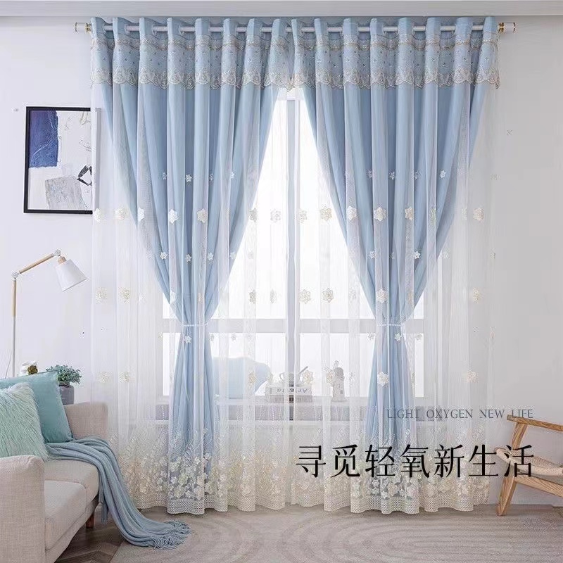 卧室布纱一体双层蕾丝绣花窗帘布客厅遮光卧室遮阳布窗帘高遮光