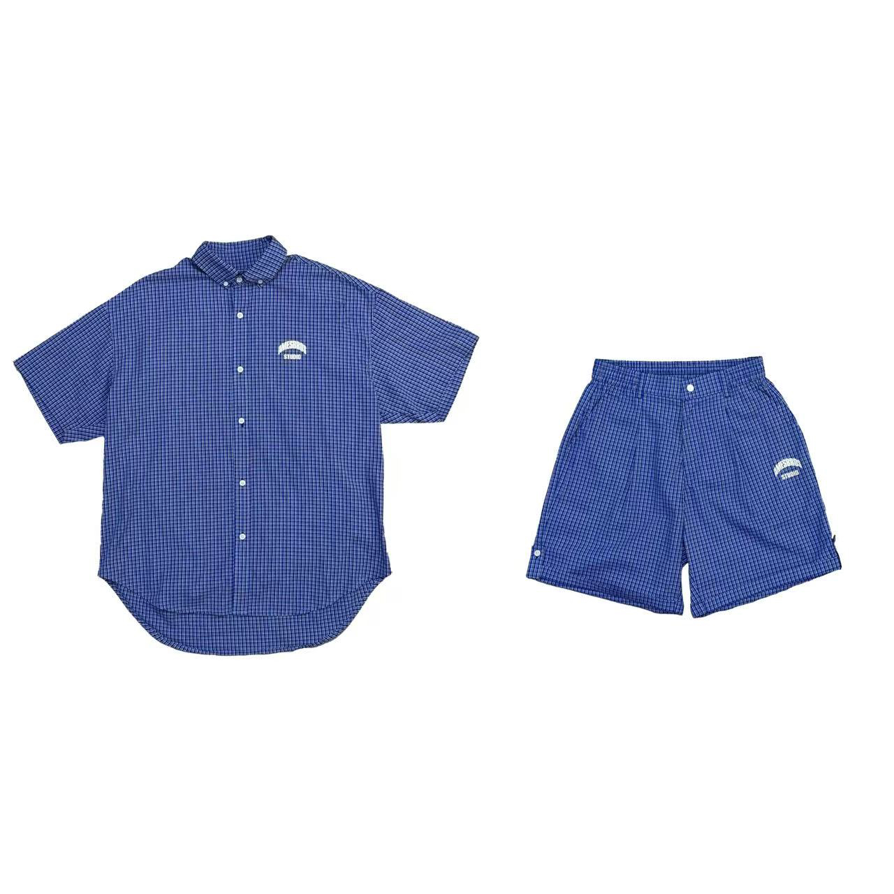 [MJ]蓝白格子翻领衬衫款夏季薄款时尚百搭儿童套装（夏日炎炎）