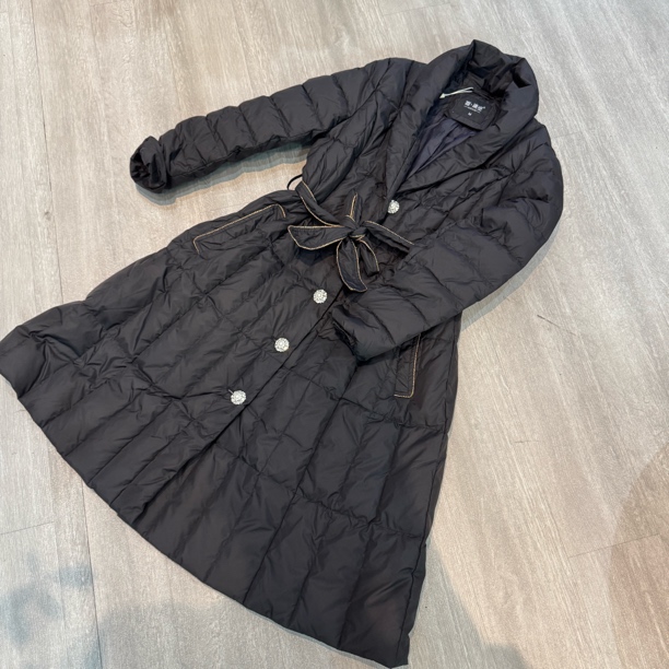 冬季加厚长款亮面长袖中长款腰间蝴蝶结时尚百搭羽绒服-果梓281