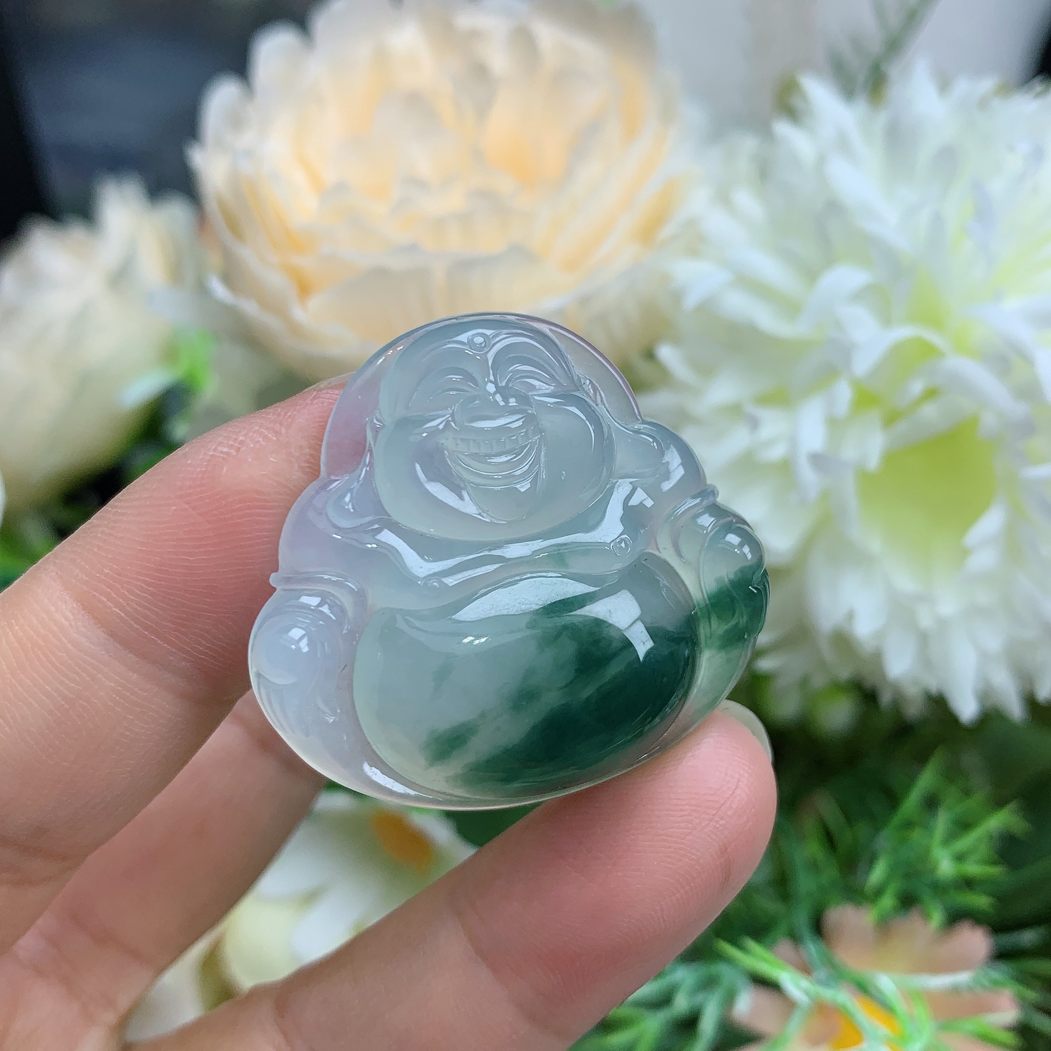 缅甸天然翡翠a货玉石一刀冰种起光飘花佛公吊坠大尺寸36/6.2mm