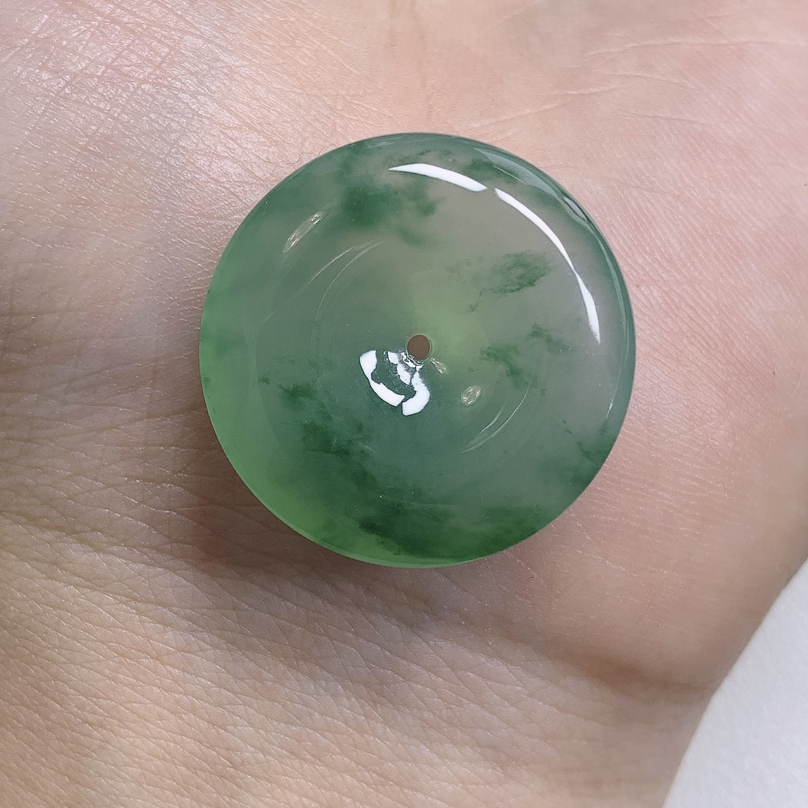 冰润飘绿平安扣缅甸天然翡翠玉坠 花色灵动 尺寸25.5/6.1mm