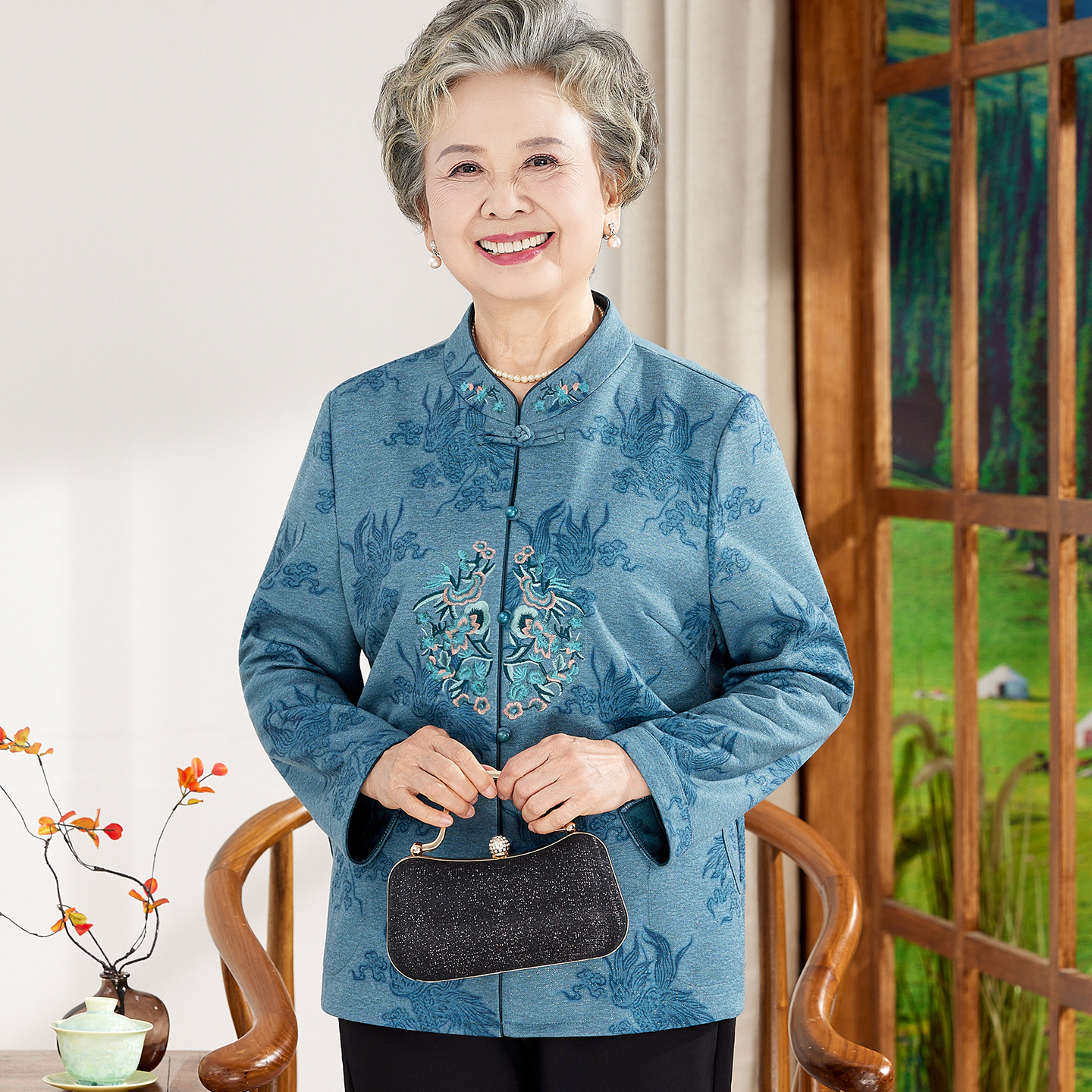 中老年人春秋女装奶奶长袖衬衫60岁70老太太衣服妈妈薄款外套唐装