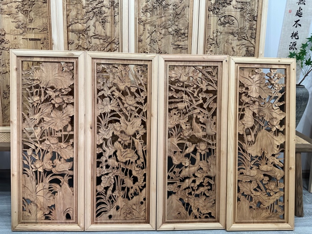 东阳木雕  荷花鲤鱼挂屏100x40