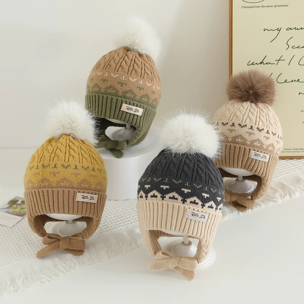 男宝宝帽子秋冬一岁半男女童菱格毛线帽保暖套头帽儿童护耳针织帽