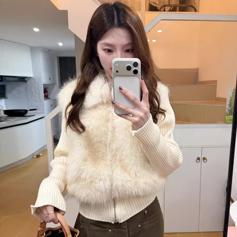 韩系高级感仿水貂绒翻领针织外套女秋冬保暖百搭拼接毛衣开衫上衣