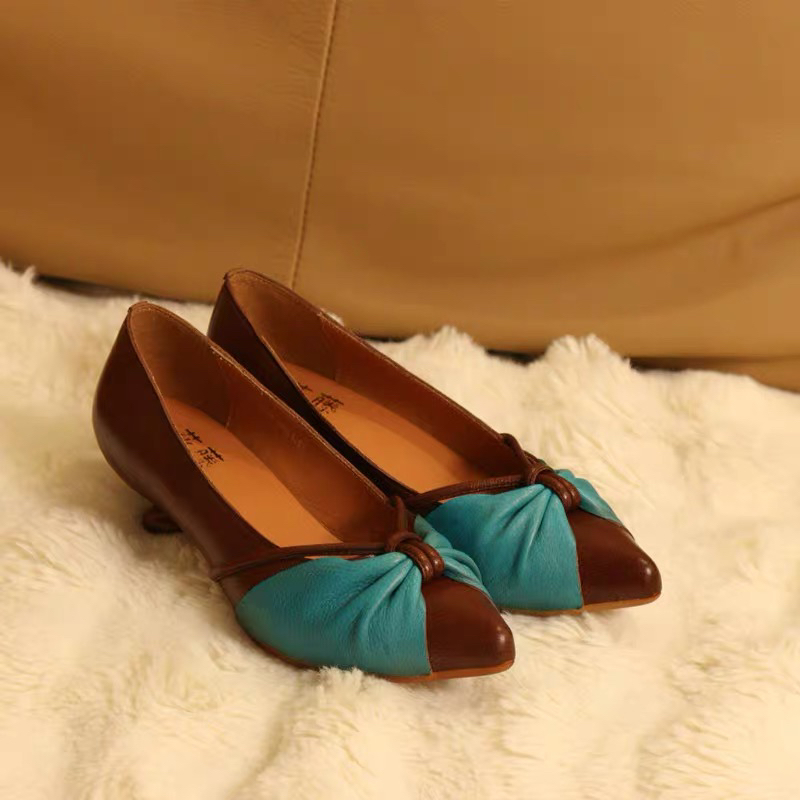 1833-53牛皮尖头浅口套脚中跟女单鞋跟鞋