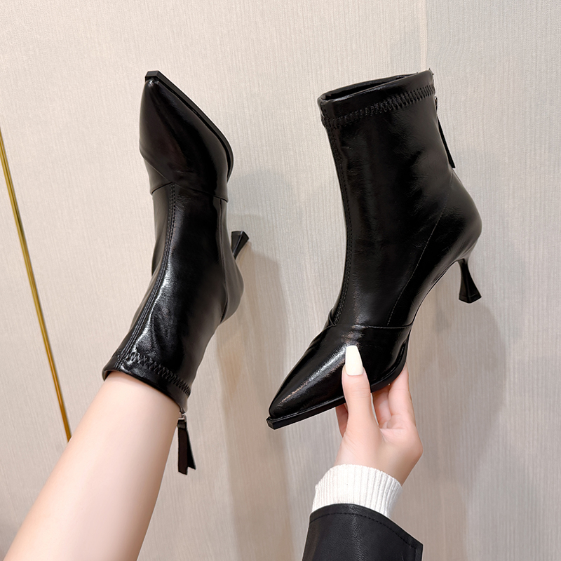 2025新款尖头高跟短靴女细跟黑色加绒皮靴秋冬韩版气质百搭瘦瘦靴