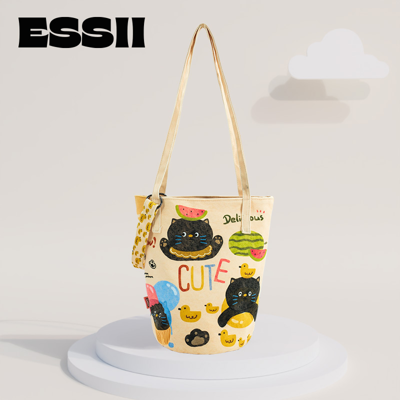 完美款款猫猫过夏天插画可爱小众休闲时尚单肩斜挎加长水桶帆布包