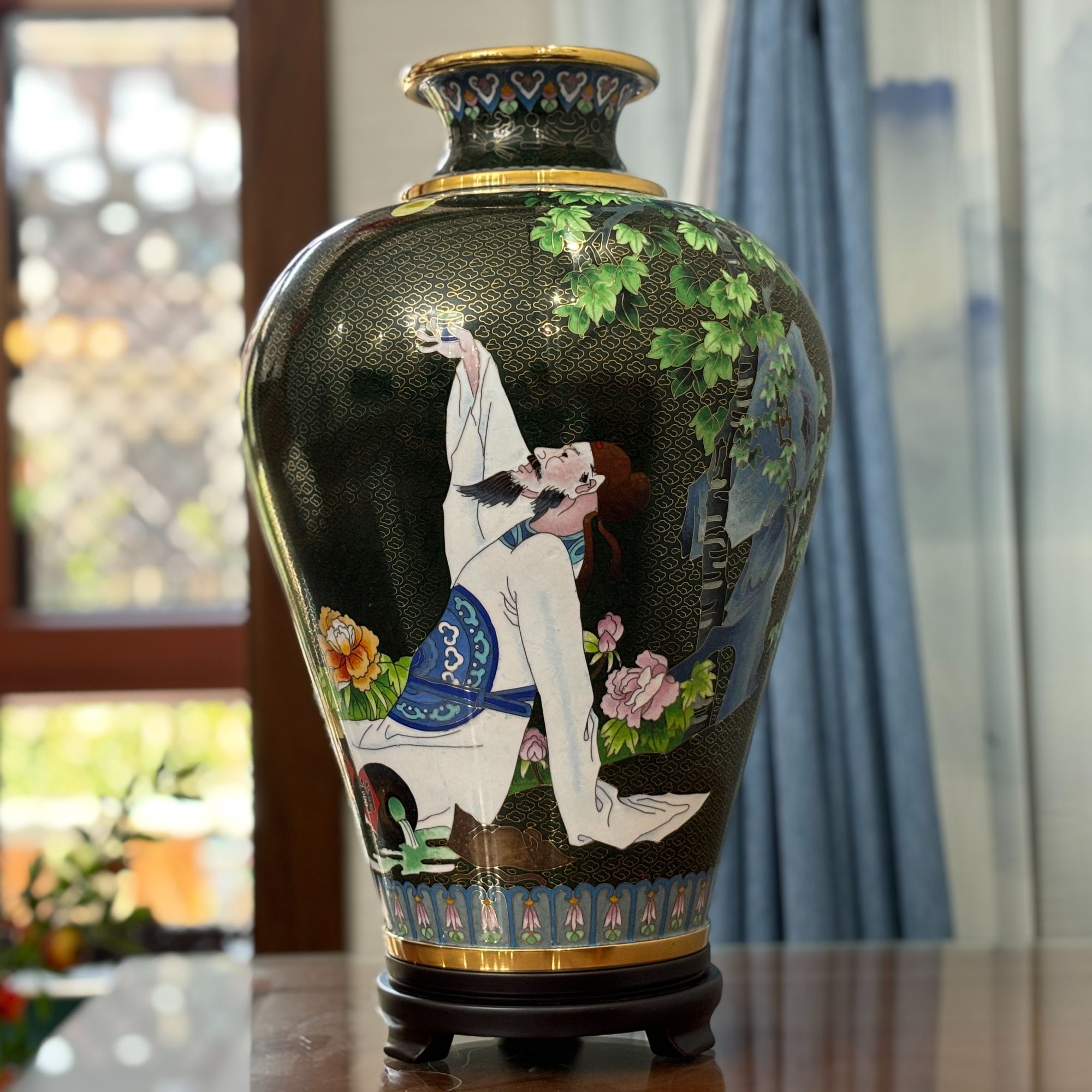 瑞蓝轩正宗景泰蓝 月下独酌赏瓶 铜胎掐丝珐琅 玄关装饰瓶（15寸）